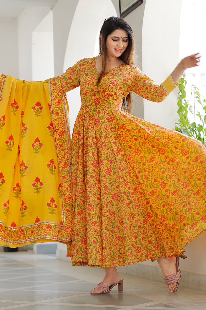 Yellow Cotton Floral Printed Kurta And Palazzo Set