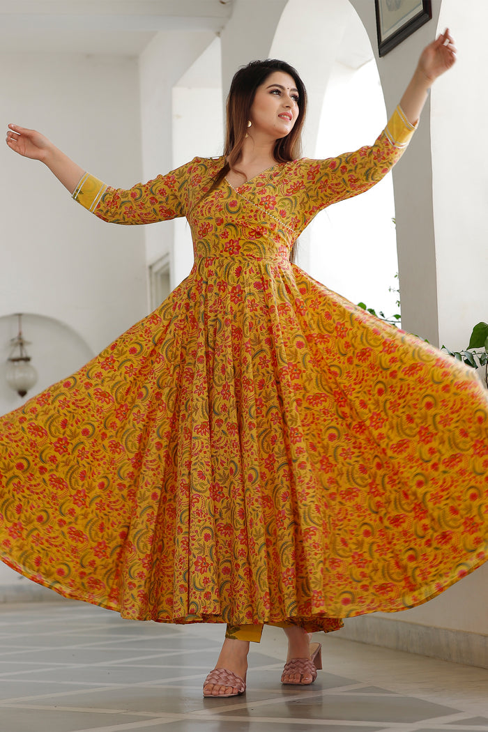 Yellow Cotton Floral Printed Kurta And Palazzo Set