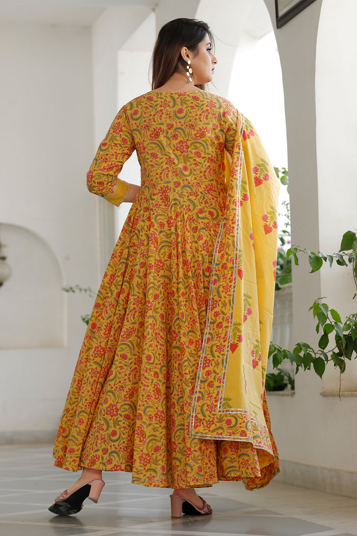 Yellow Cotton Floral Printed Kurta And Palazzo Set