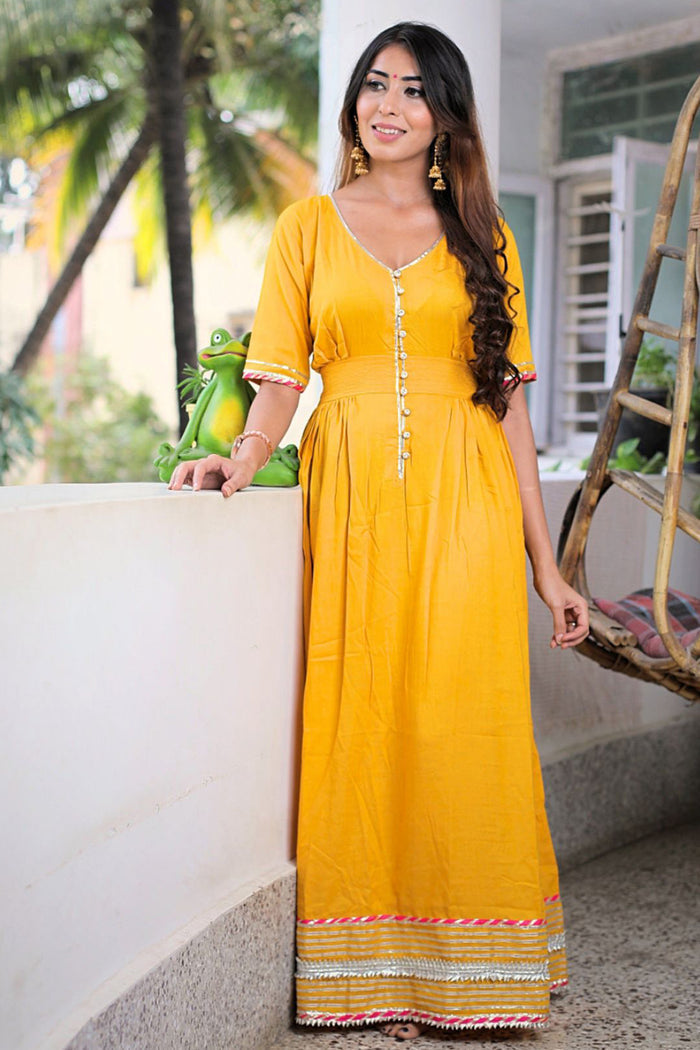 Yellow Cotton Rayon Traditional Gown