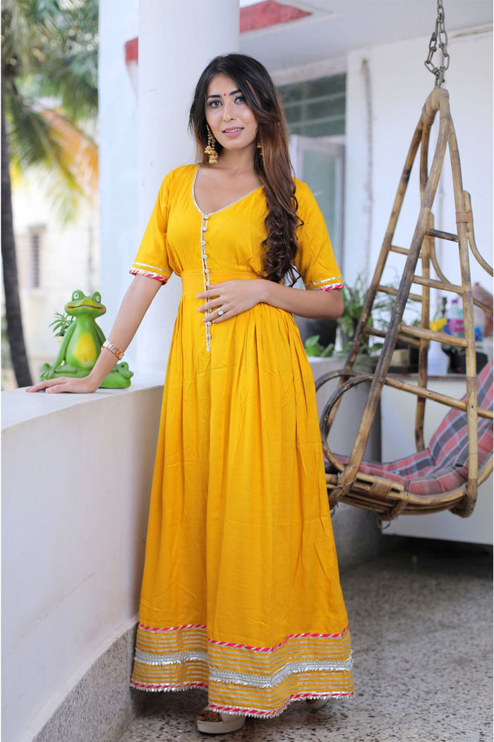 Yellow Cotton Rayon Traditional Gown
