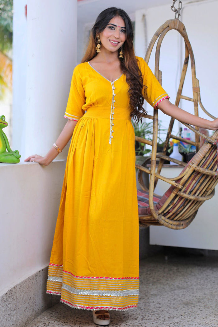 Yellow Cotton Rayon Traditional Gown