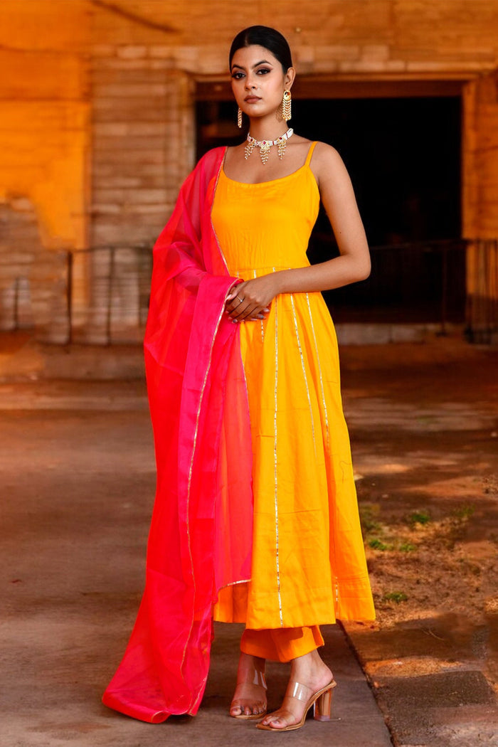 <img> Yellow Cotton Silk Anarkali Set