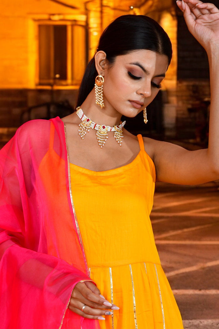 <img> Yellow Cotton Silk Anarkali Set