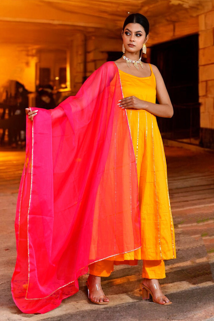 <img> Yellow Cotton Silk Anarkali Set
