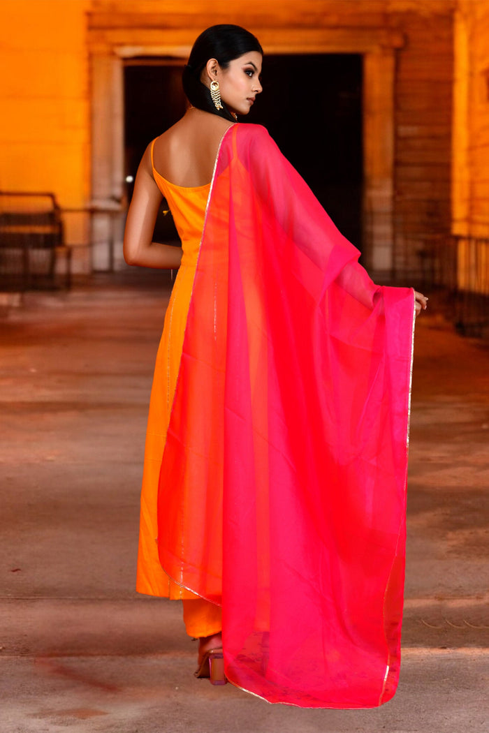 <img> Yellow Cotton Silk Anarkali Set