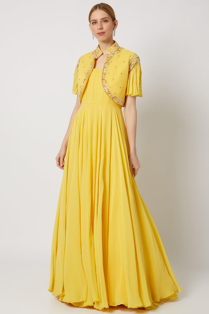 Yellow Embellished Bolero Jacket Gown