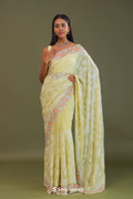 <img> Yellow Georgette Embroidery Saree With Scallop Border
