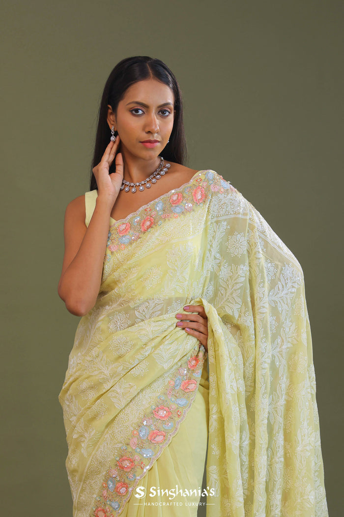 <img> Yellow Georgette Embroidery Saree With Scallop Border