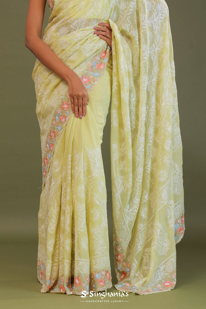 <img> Yellow Georgette Embroidery Saree With Scallop Border