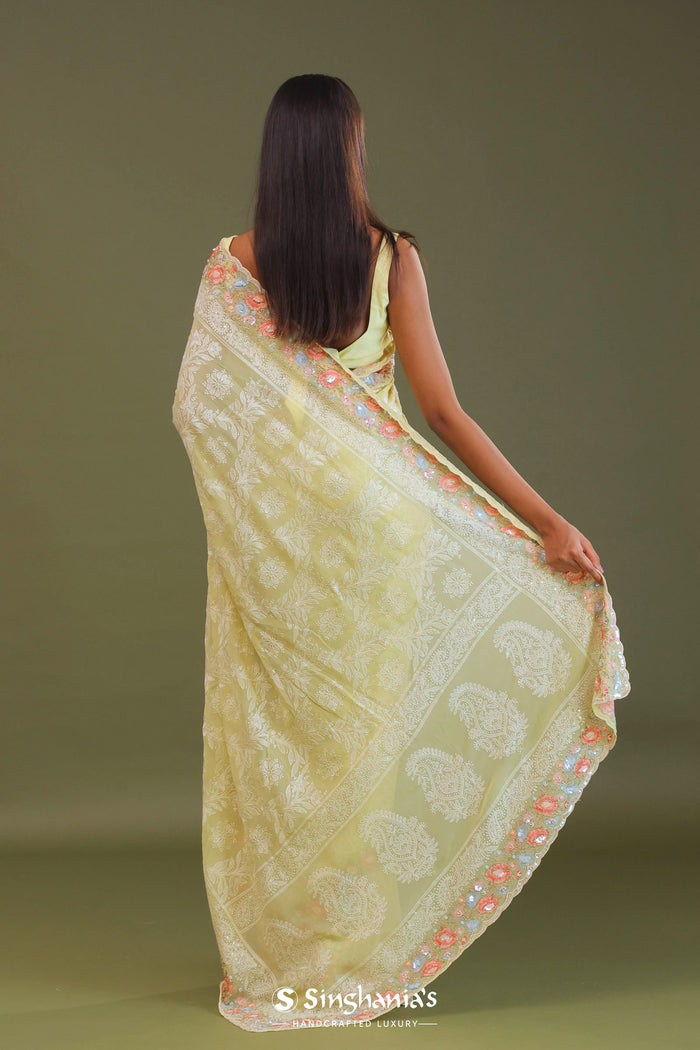 <img> Yellow Georgette Embroidery Saree With Scallop Border