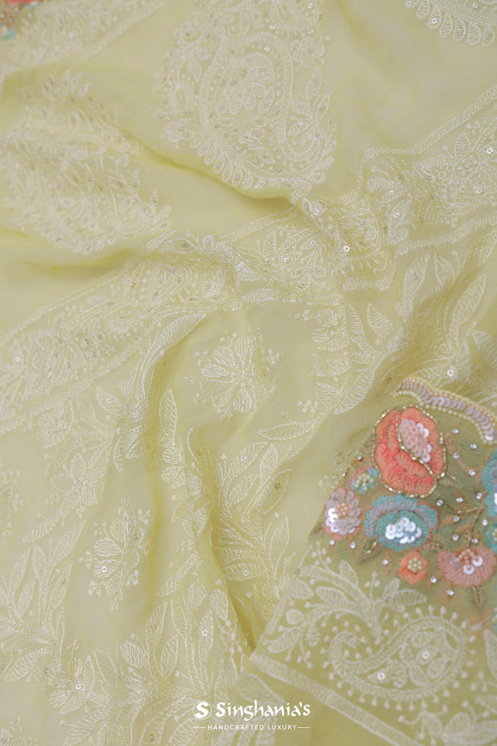 <img> Yellow Georgette Embroidery Saree With Scallop Border