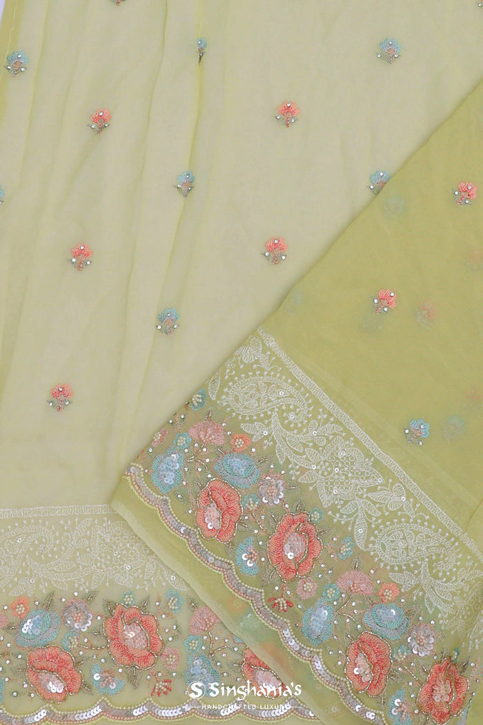 <img> Yellow Georgette Embroidery Saree With Scallop Border
