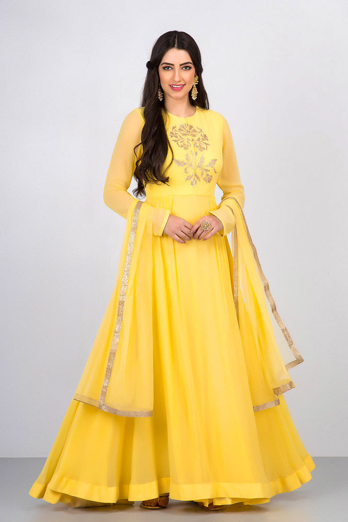 Yellow Gold Embroidered Layered Anarkali Set
