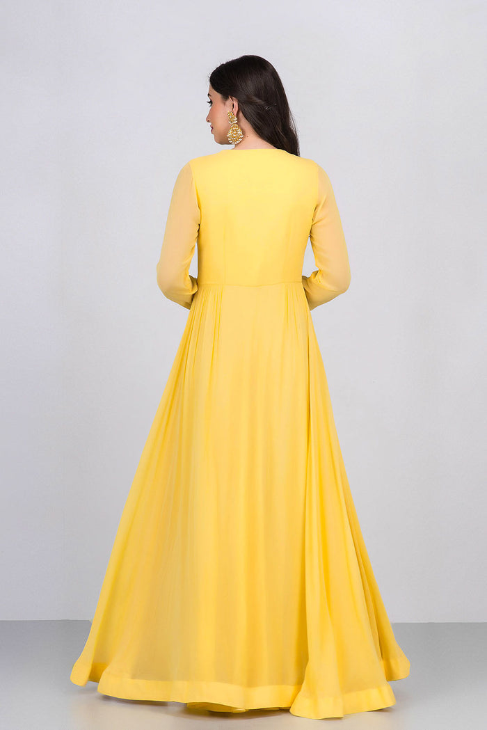 Yellow Gold Embroidered Layered Anarkali Set