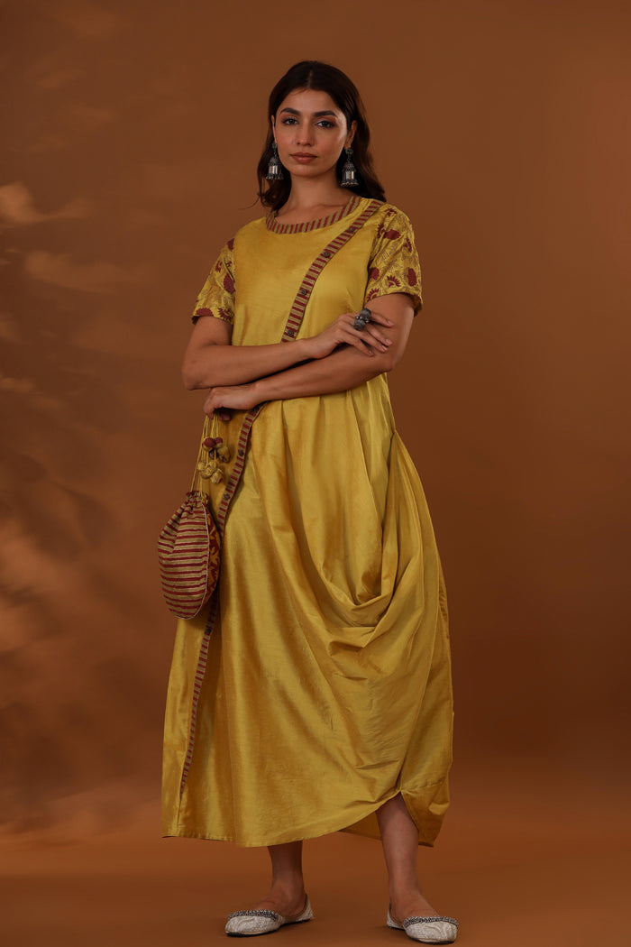 <img> Yellow Handcrafted One Side Drape Cotton Silk Chola Dress