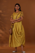 <img> Yellow Handcrafted One Side Drape Cotton Silk Chola Dress