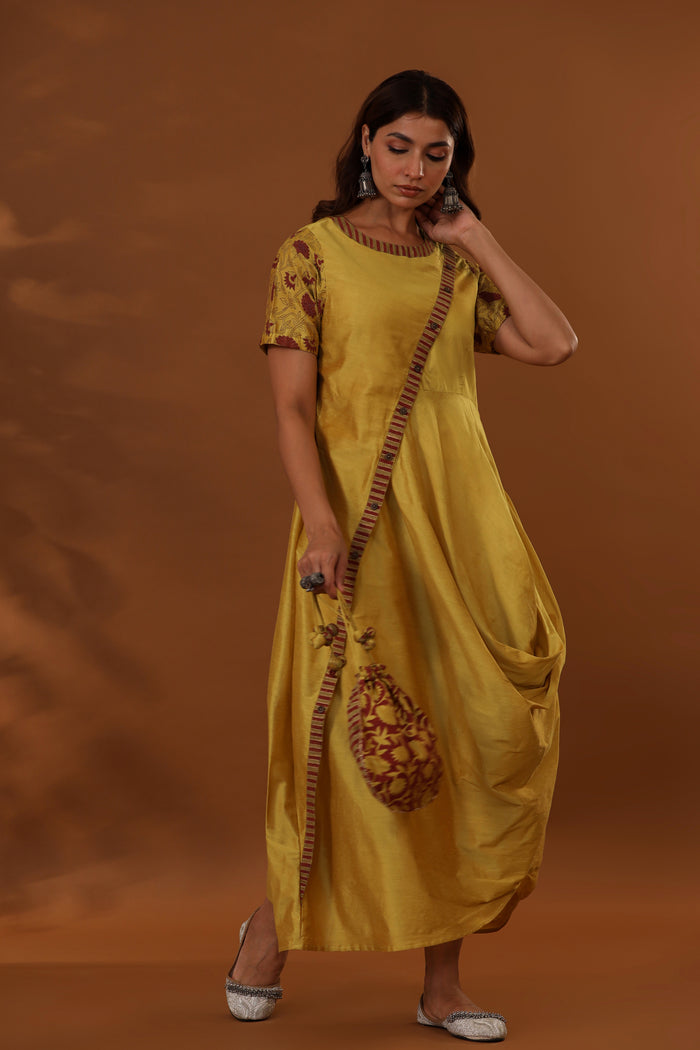 <img> Yellow Handcrafted One Side Drape Cotton Silk Chola Dress