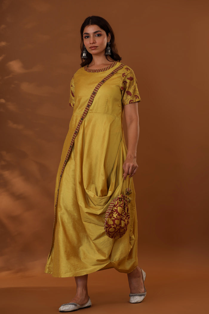 <img> Yellow Handcrafted One Side Drape Cotton Silk Chola Dress