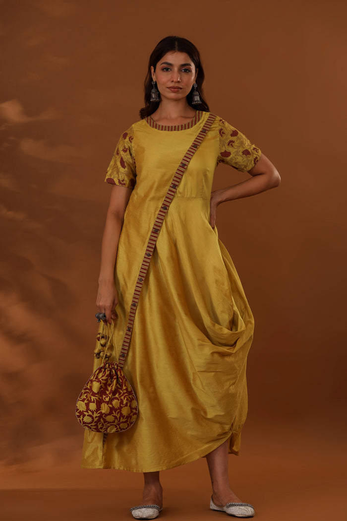 <img> Yellow Handcrafted One Side Drape Cotton Silk Chola Dress