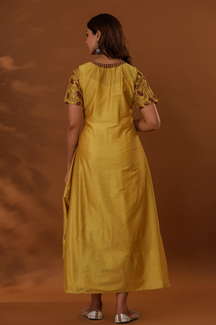 <img> Yellow Handcrafted One Side Drape Cotton Silk Chola Dress