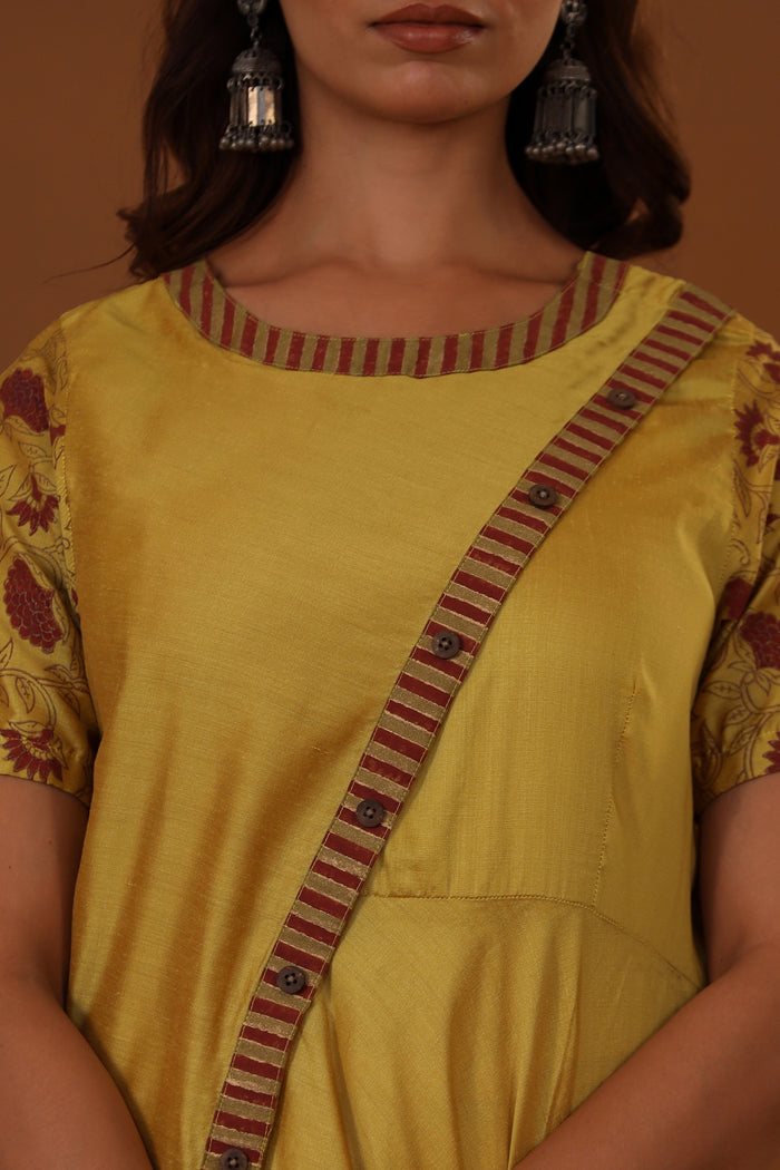 <img> Yellow Handcrafted One Side Drape Cotton Silk Chola Dress