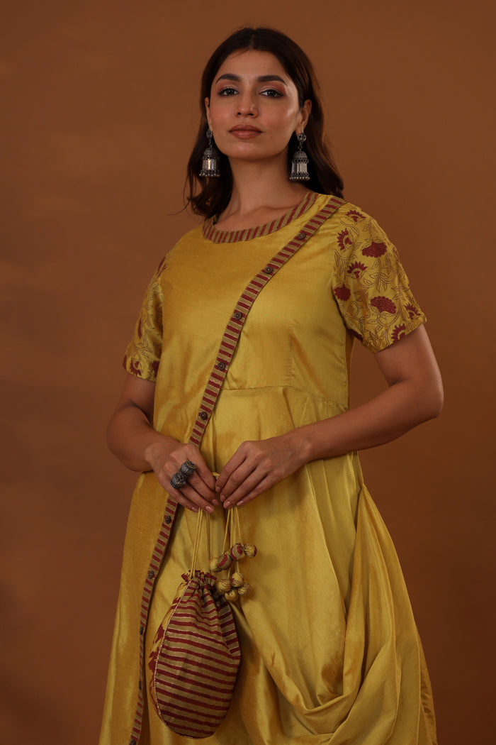 <img> Yellow Handcrafted One Side Drape Cotton Silk Chola Dress