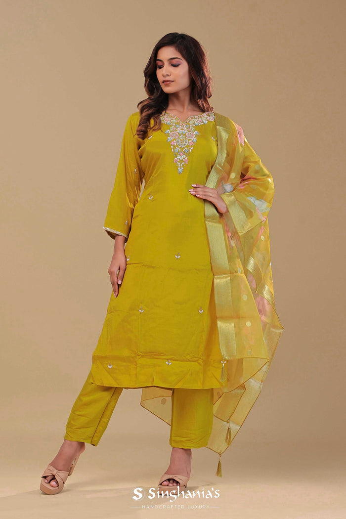 <img> Yellow Ochre Chanderi Kurta Set