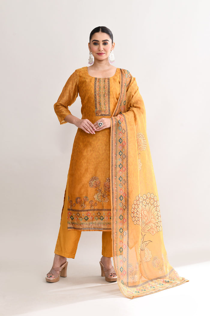 Yellow Orange Tissue Floral Printed Kurti Set