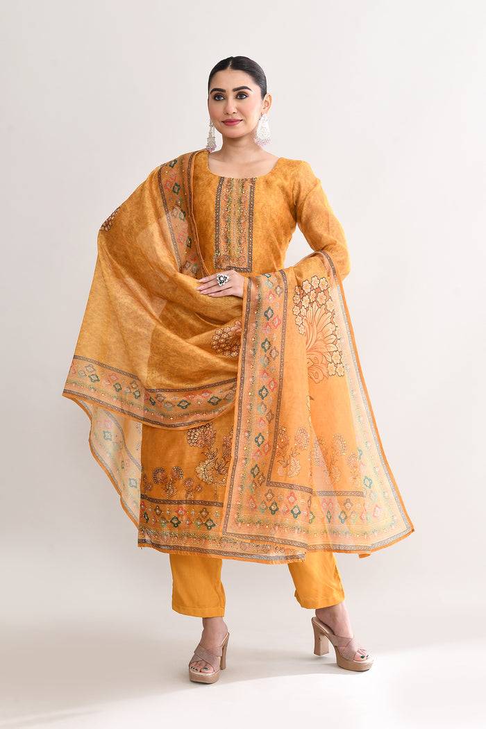 Yellow Orange Tissue Floral Printed Kurti Set