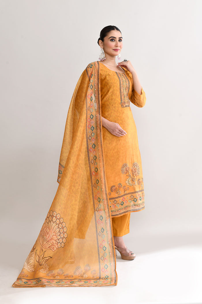 Yellow Orange Tissue Floral Printed Kurti Set