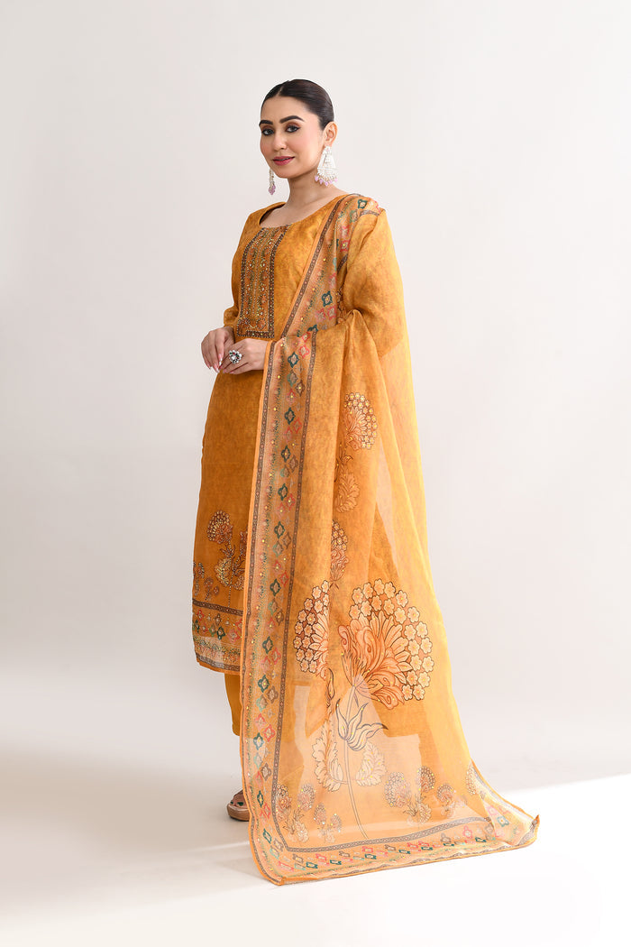 Yellow Orange Tissue Floral Printed Kurti Set