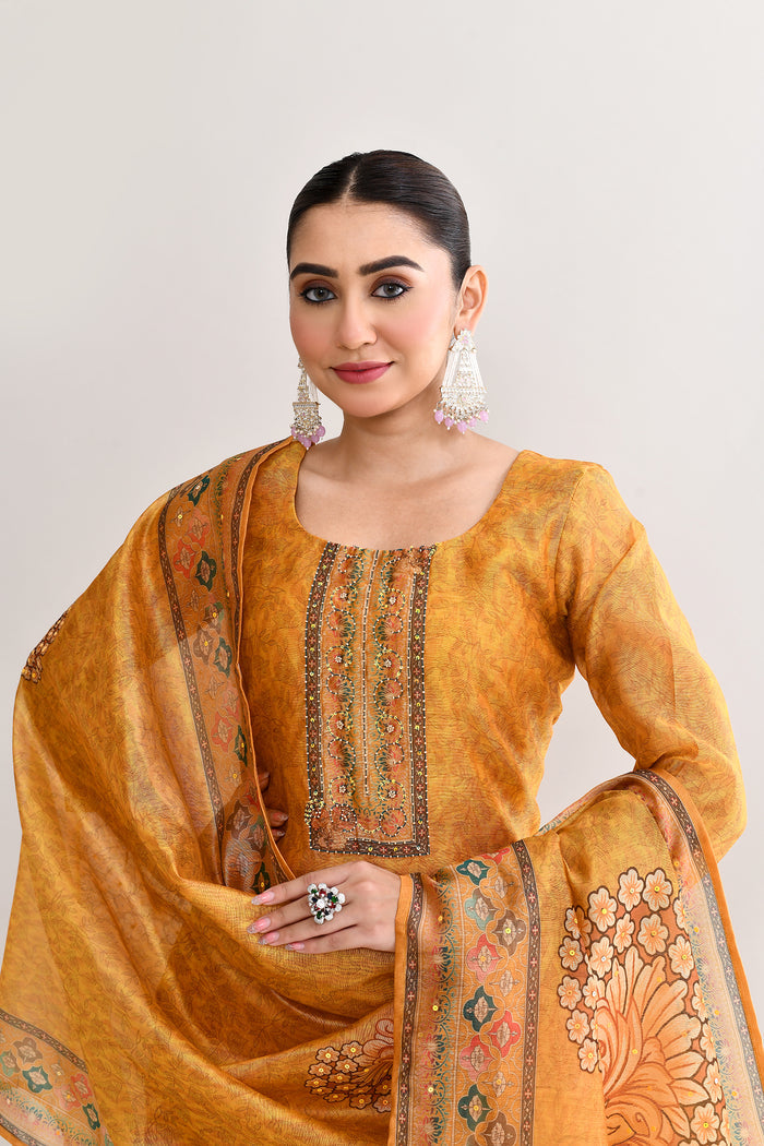 Yellow Orange Tissue Floral Printed Kurti Set