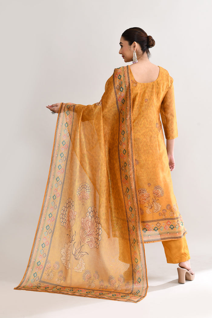 Yellow Orange Tissue Floral Printed Kurti Set