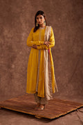 <img> Yellow Pure Chinon Gota Patti Jacketed Suit Set