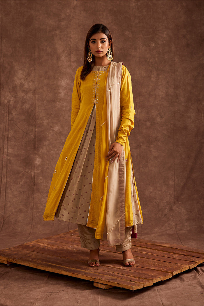 <img> Yellow Pure Chinon Gota Patti Jacketed Suit Set