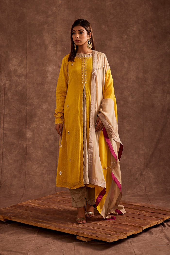 <img> Yellow Pure Chinon Gota Patti Jacketed Suit Set
