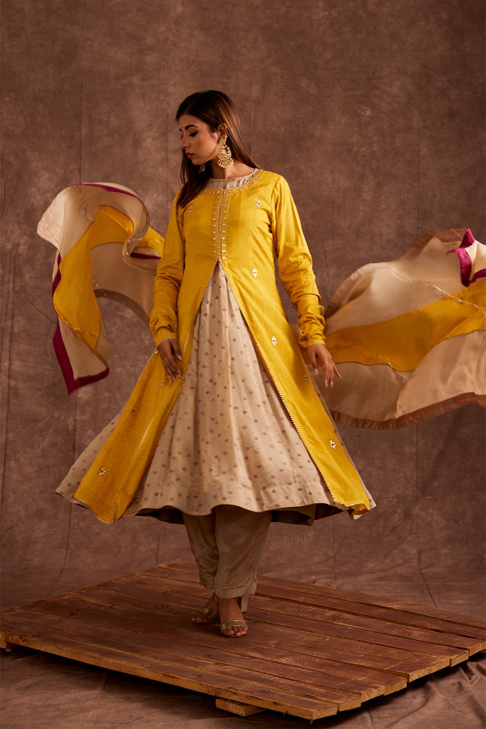 <img> Yellow Pure Chinon Gota Patti Jacketed Suit Set