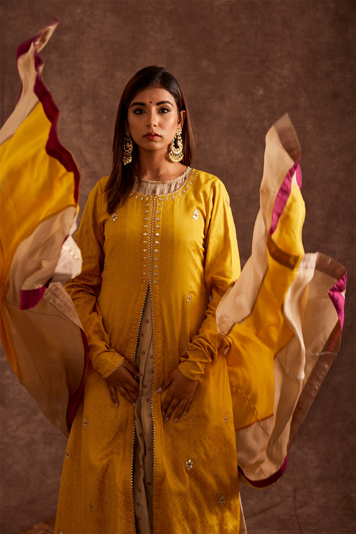 <img> Yellow Pure Chinon Gota Patti Jacketed Suit Set