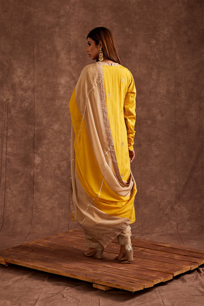 <img> Yellow Pure Chinon Gota Patti Jacketed Suit Set