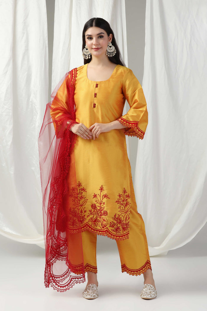 <img> Yellow Raw Silk Embroidered Kurti With Pants And Contrast Dupatta