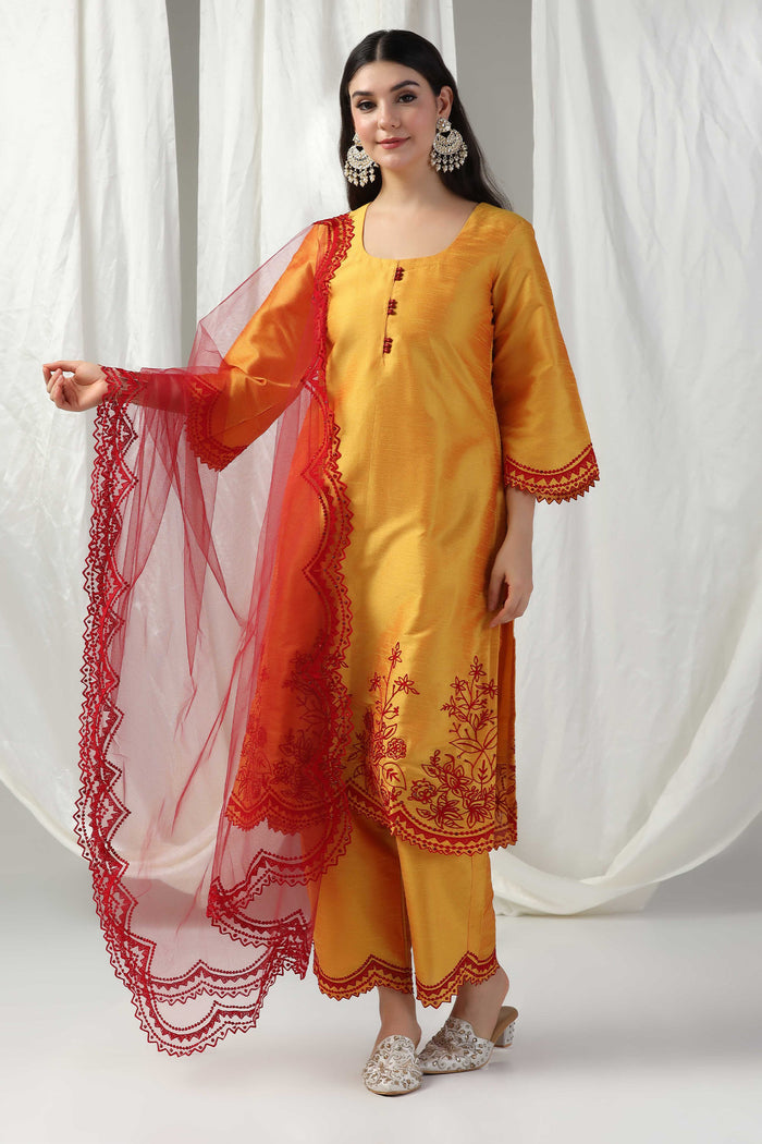 <img> Yellow Raw Silk Embroidered Kurti With Pants And Contrast Dupatta