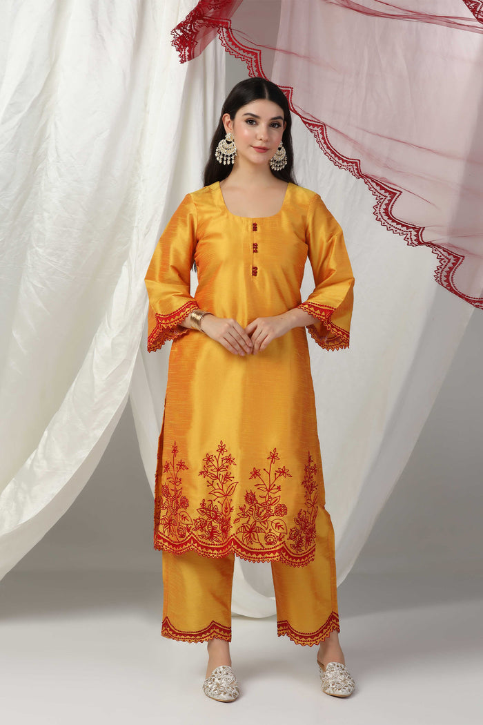 <img> Yellow Raw Silk Embroidered Kurti With Pants And Contrast Dupatta