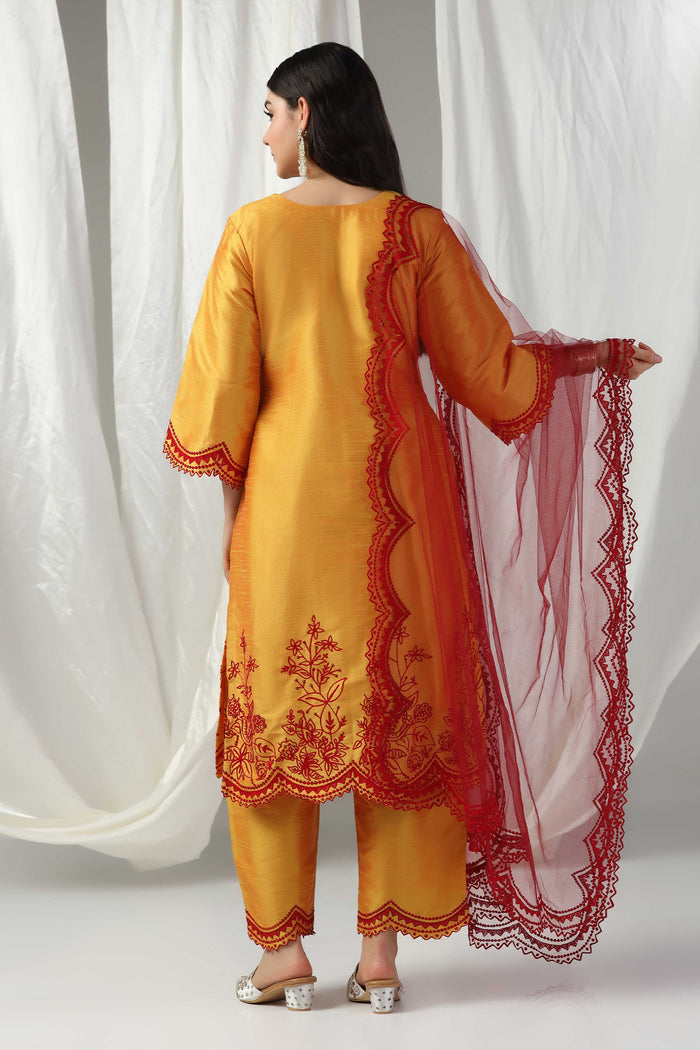 <img> Yellow Raw Silk Embroidered Kurti With Pants And Contrast Dupatta