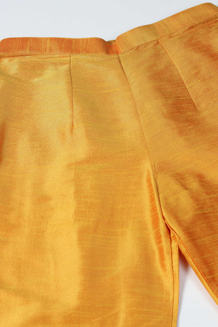 <img> Yellow Raw Silk Embroidered Kurti With Pants And Contrast Dupatta