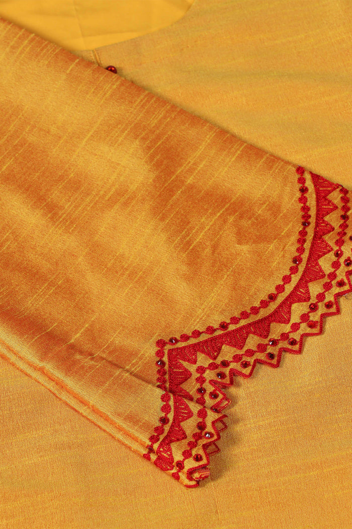 <img> Yellow Raw Silk Embroidered Kurti With Pants And Contrast Dupatta