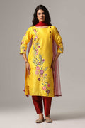 Yellow Raw Silk Kurti With Pants And Dupatta