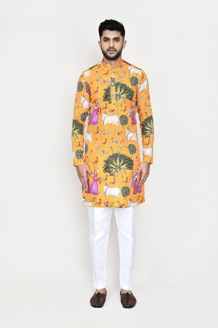 Yellow Rayon Set With Digital Print And Sequins Work