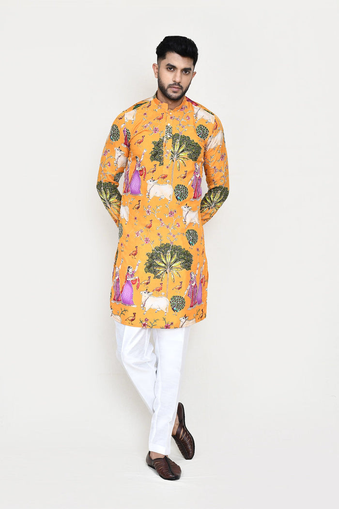 Yellow Rayon Set With Digital Print And Sequins Work