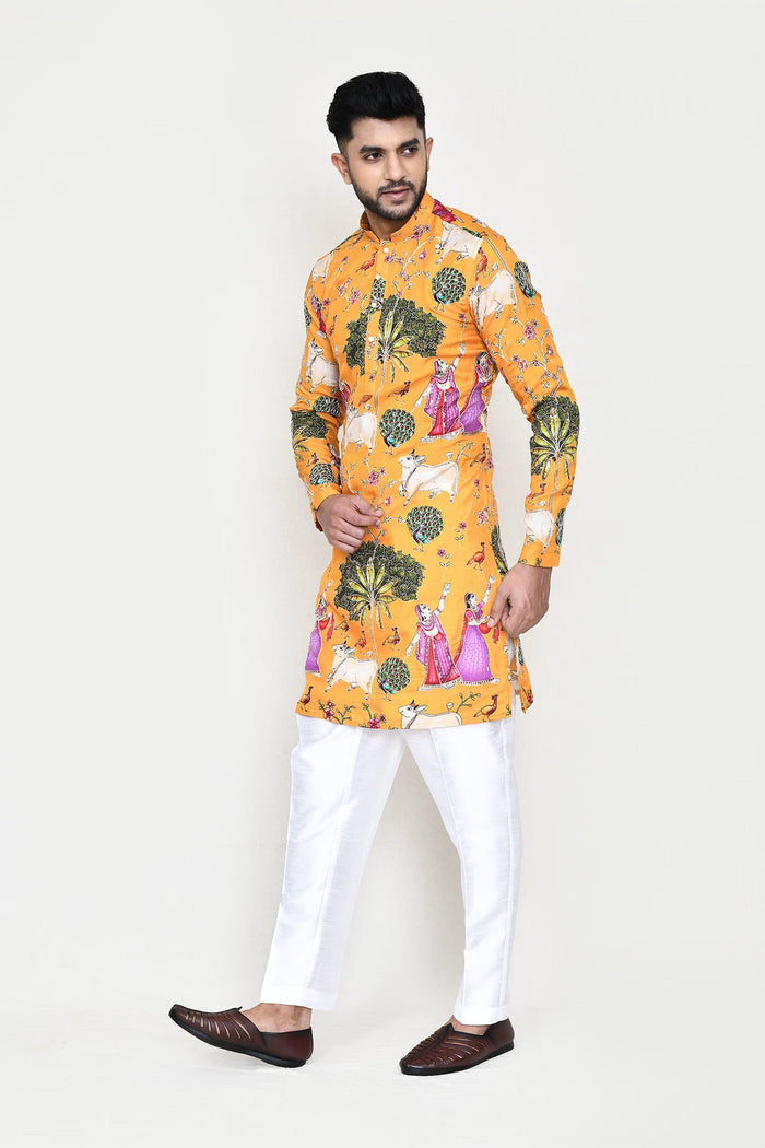Yellow Rayon Set With Digital Print And Sequins Work